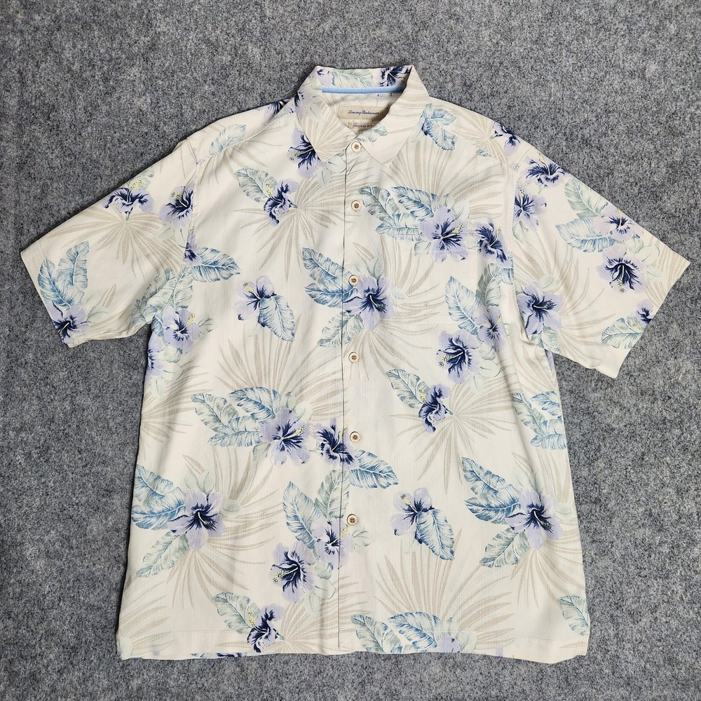 Tommy Bahama Silk Hawaiian Shirt Men L Multicolor Tropical‎ Floral Print Beach